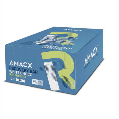 Barritas Recuperación Amacx Recovery Bar Chocolate Blanco Pistacho Caja 12uds Azul