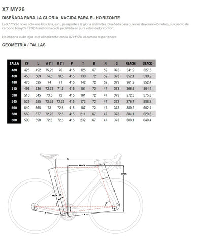 Pinarello X7 Ultegra Di2 2x12v Fulcrum Racing 800 2026 G260 Xpeed Saturn Silver - Geometría